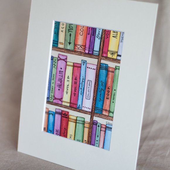 “The Bookshelf" 5x7 Watercolour Print With Mat - Picture 2 of 3